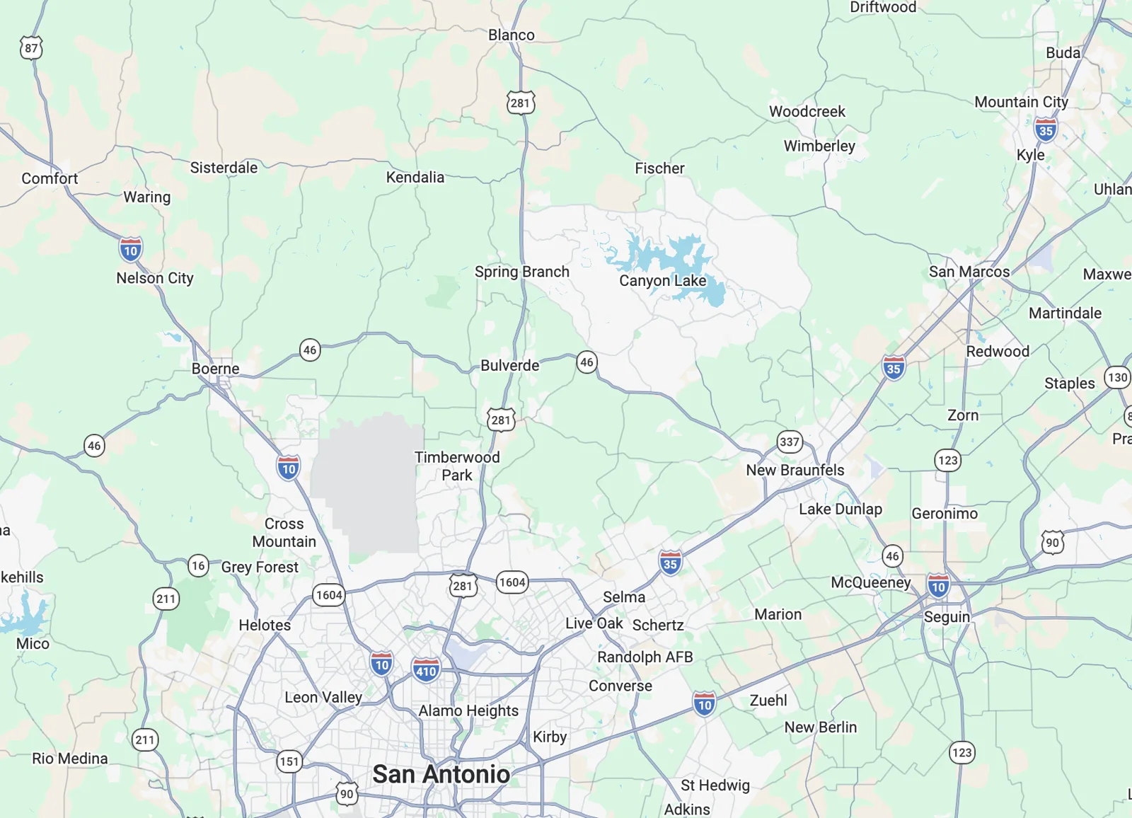 Map of the South Texas Pool Tile Cleaning service area, including San Antonio, Boerne, Comfort, Bulverde, Spring Branch, New Braunfels, Buda, Blanco and surrounding Hill Country communities