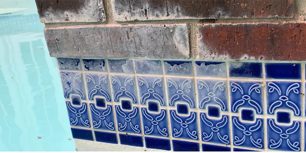 Before: hazy, calcium-covered Talavera-pattern tile with brick coping