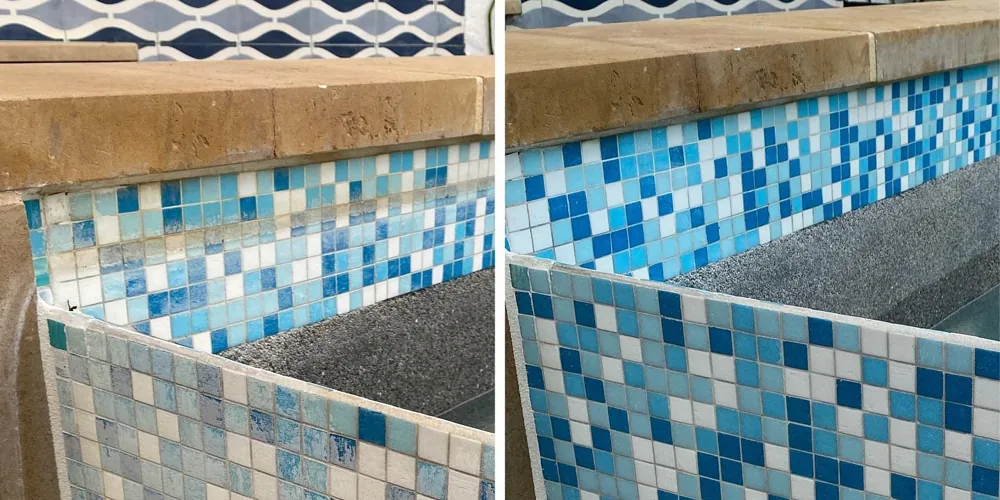 Before: hazy, dull blue and white mosaic waterline tile